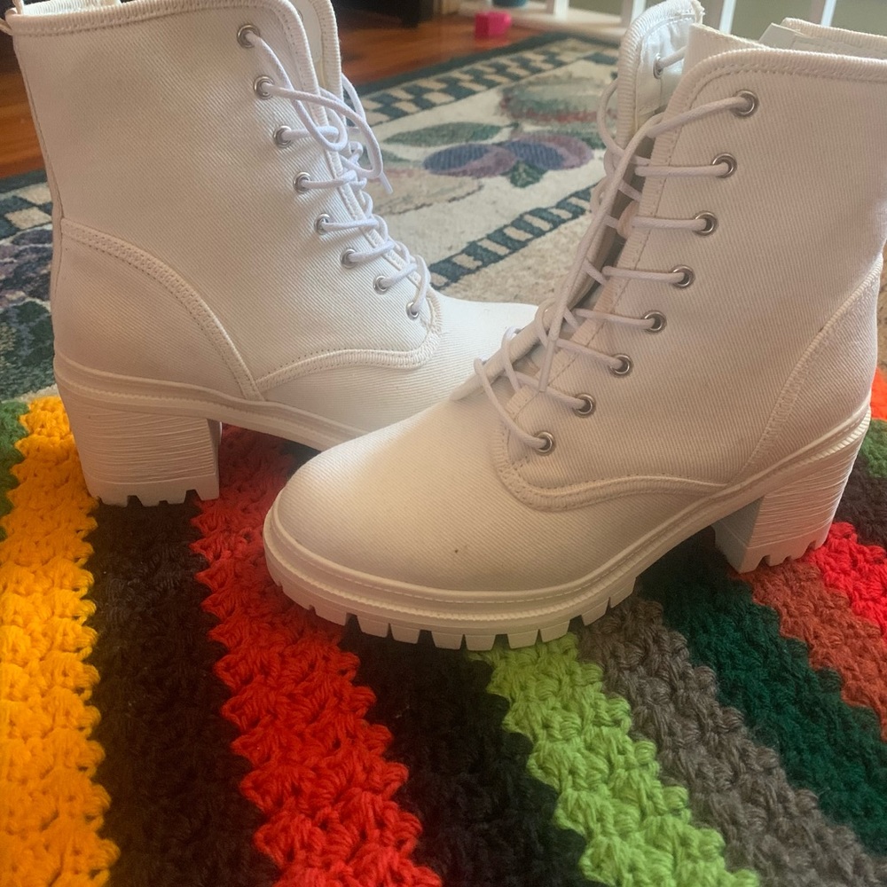 Cream mid calf boots.cloth texture..BRAND NEW